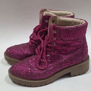 Betsey Johnson Fuchsia Pink Sparkle Crystal Ankle Boots Combat Hudson Sizs 6.5M